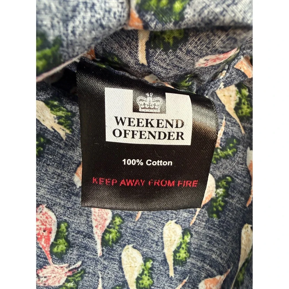 Weekend Offender Button Down Shirt Mens Large‎ Navy Blue Bird Print Short Sleeve